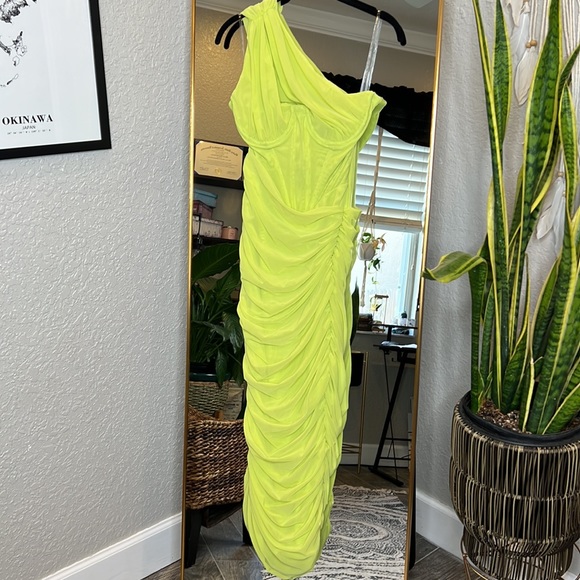 House of CB ‘Valentina’ Lime Asymmetric Cutout Midi Dress NWOT - Picture 8 of 11